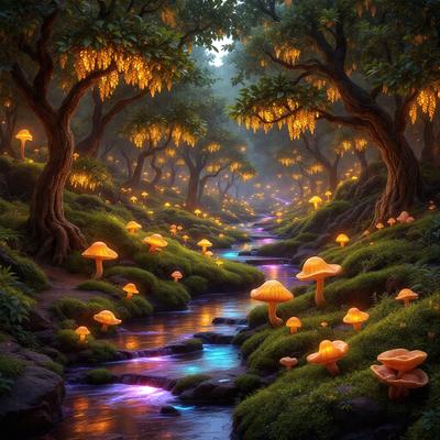 The primary subject of the image is a river filled with colorful mushrooms, creating a vibrant and lively atmosphere. The setting is a forest, with trees surrounding the river and adding to the natural ambiance. The visual style is a digital art or illustration, showcasing the artist's creativity and attention to detail. The colors and mood are predominantly bright and cheerful, with the mushrooms and the river's flow contributing to the overall positive and whimsical mood of the